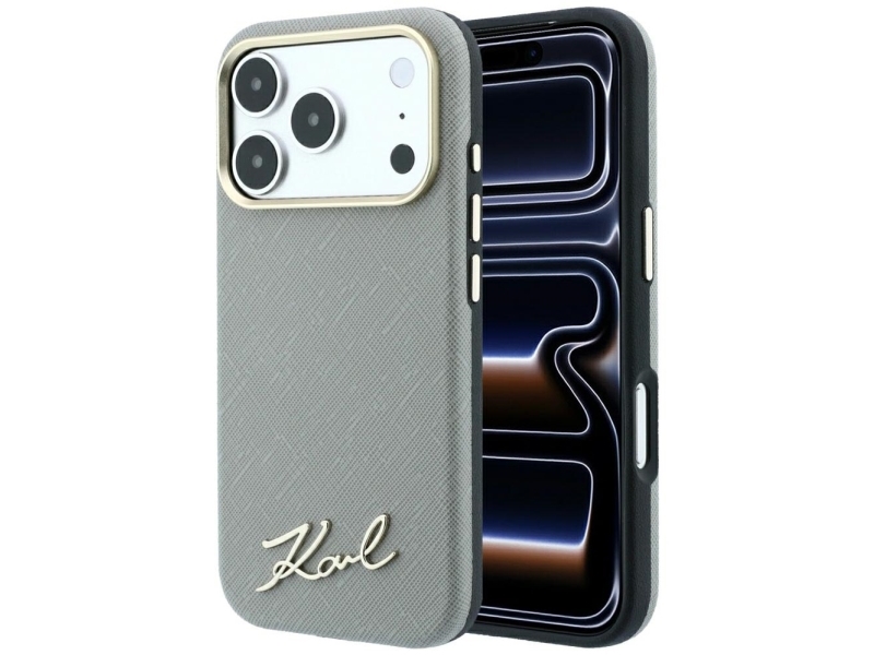 Karl Lagerfeld Saffiano Small Script Metal Logo MagSafe Case for iPhone 18 Pro / 17 Pro - Beige