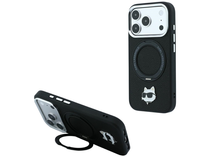 Karl Lagerfeld With Ring Stand 360 Choupette Head Pin Magsafe Case For Iphone 18 Pro / 17 Pro - Black
