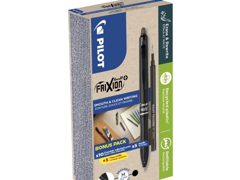 Rollerpen, Pilot Frixion Plus Clicker, 0,7 Mm, Bonuspakke M. 10 Refiller, Sort