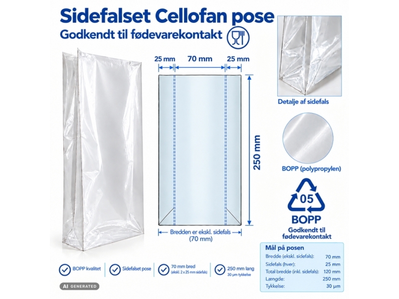 Cellophane Bag, 50 X 70 X 250 Mm, 1 Lag Flad Film, Cellofan, 1. Lag 1 G/M2 Filmtykkelse: 30 Μm, Tran