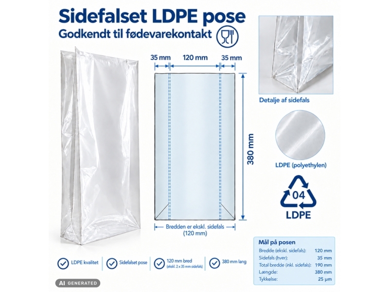 Plastikpose, 25 μm, 120 + 35 x 380 mm LD-PE, klar, karton a 1000 stk Fødevaregodkendt
