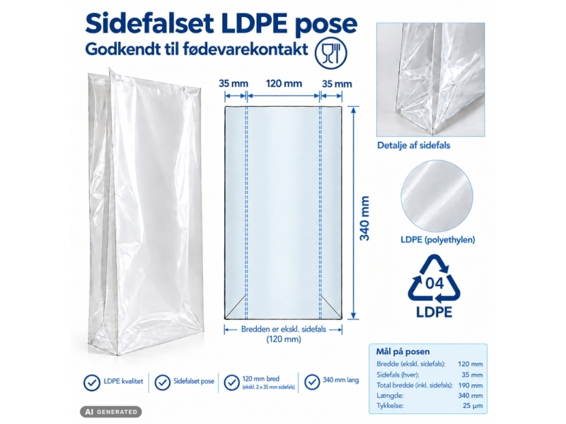 Plastikpose, 25 μm, 120 + 35 x 340 mm LD-PE, klar, karton a 1000 stk Fødevaregodkendt
