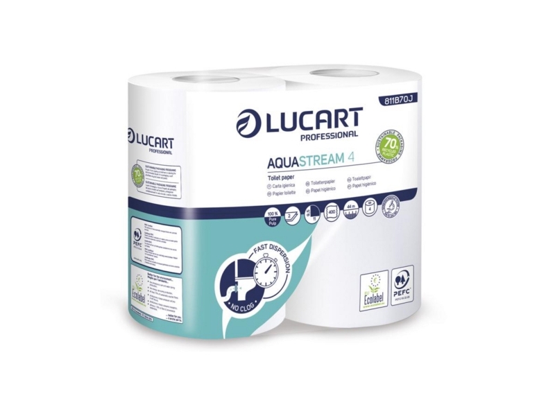 Toiletpapir Aquastream4 B11cmxL44m 2-lags Ecolabel med Hylse Hvid Nyfiber,14 pk x 4 rl/krt