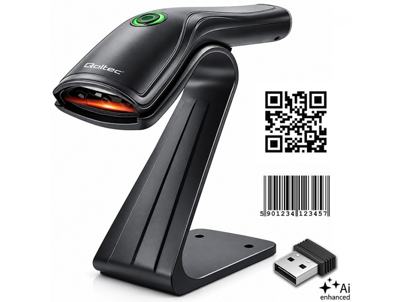 Qoltec Präzisions-Barcode-Scanner (1D/2D) Mit Kabelloser Verbindung + Scanner-Halterung | Qr | Ean | Usb