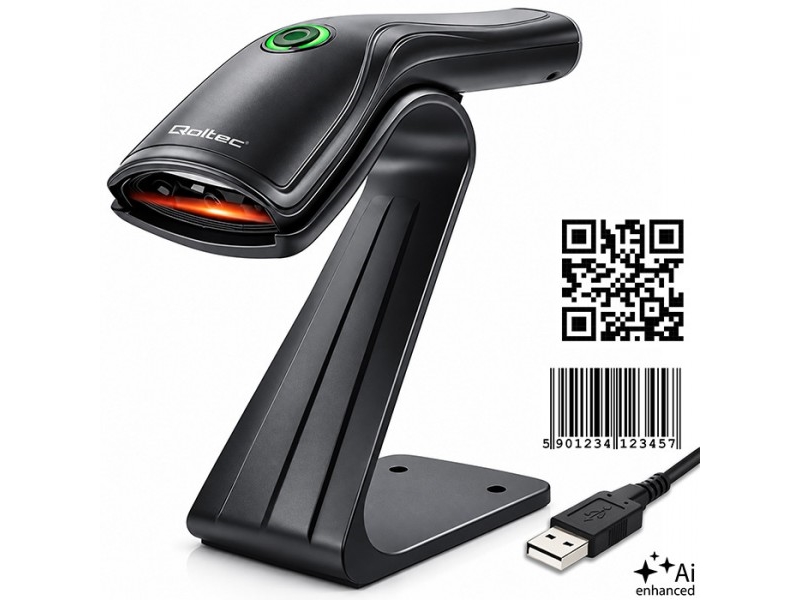 Qoltec Precyzyjny Skaner czytnik kodów kreskowych 1D 2D + stojak na skaner QR EAN USB