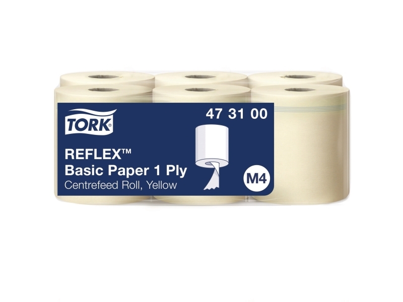 Aftørringspapir, Tork Reflex Basic 473100, 1-lags, 300 m, gul, pakke med 6 stk