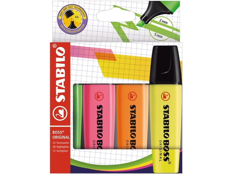 Highlighter, Stabilo Boss Original, ass.farver, pakke a 4 stk