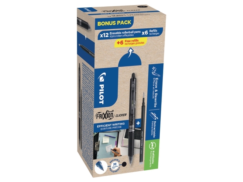 Kuglepen, Pilot FriXion, genopfyldelig, inkl. refiller, sort, pakke a 12 stk