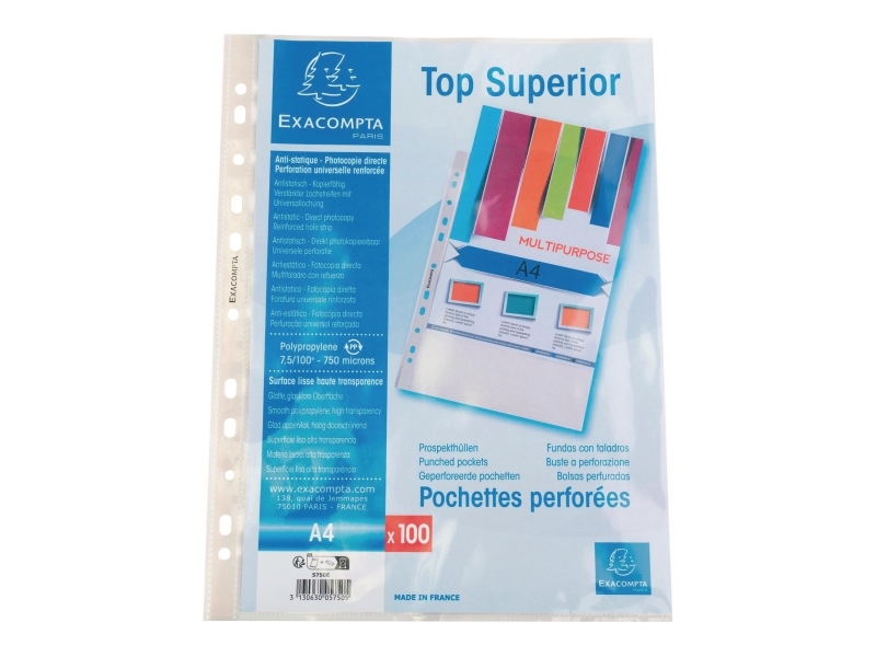 Plastlommer, Exacompta, med huller, klar, A4, 70 µm, pakke a 100 stk
