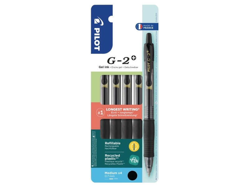 Gelpen, Pilot G2 Plus, genopfyldelig, 0,7 mm, sort