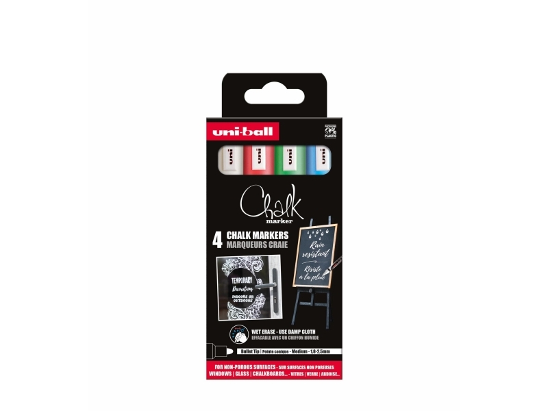 Chalkmarker, Uni-Ball, rund, ass.farver, pakke a 4 stk