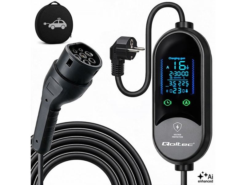 Qoltec Mobil oplader til elbiler (EV) og hybridbiler med 2-i-1-regulering, Type 2 | 3,5 kW | 230 V | SCHUKO 16 A | LED | 5 m