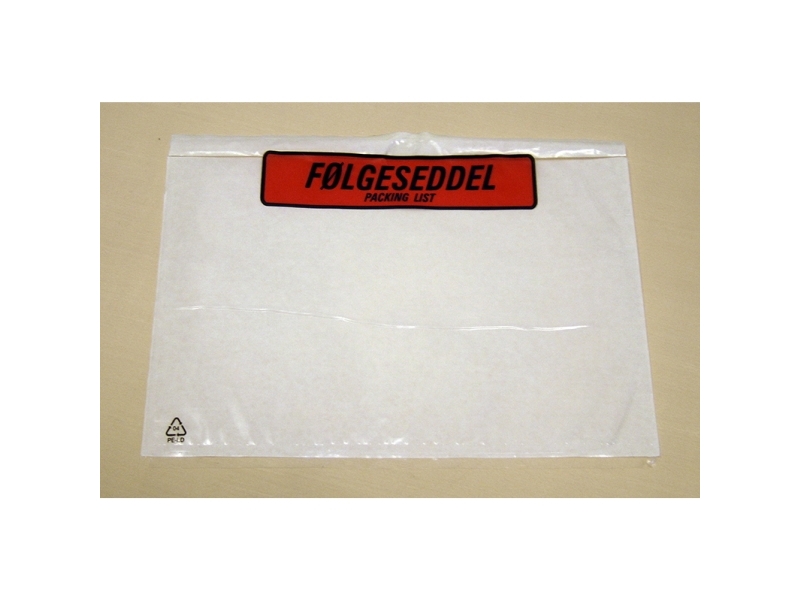 Følgeseddellomme, C5, 235 x 175 mm transparent red-black printed Packing list, LD-PE Æske med 1000 s