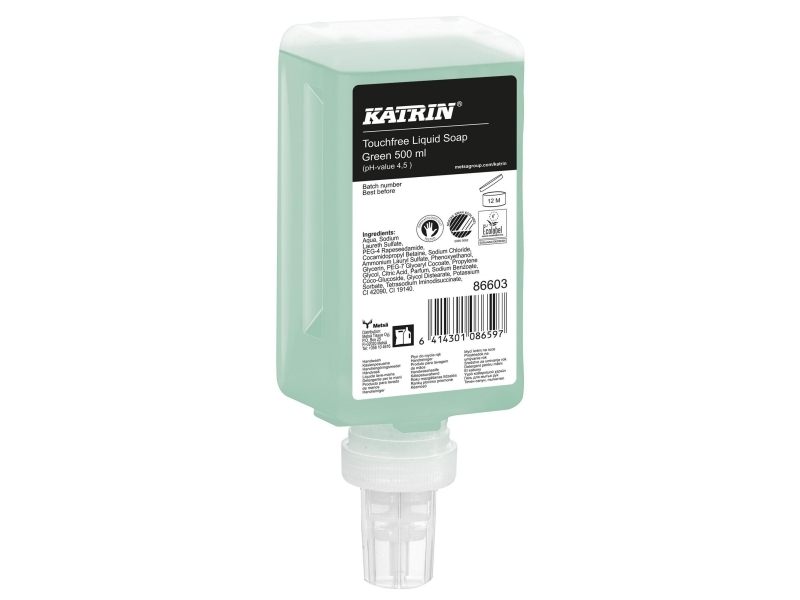 Håndsæber, Katrin Touchfree Fresh Soap, 500 ml, birk, grøn, pakke med 12 stk