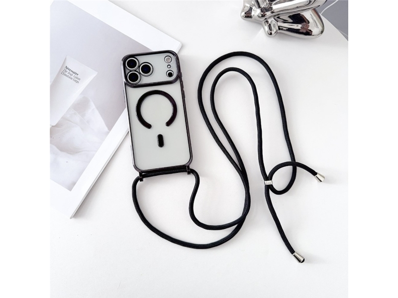 For Iphone 18 Pro Max / 17 Pro Max Case Compatible With Magsafe Electroplating Tpu Phone Cover With Long Lanyard - Black