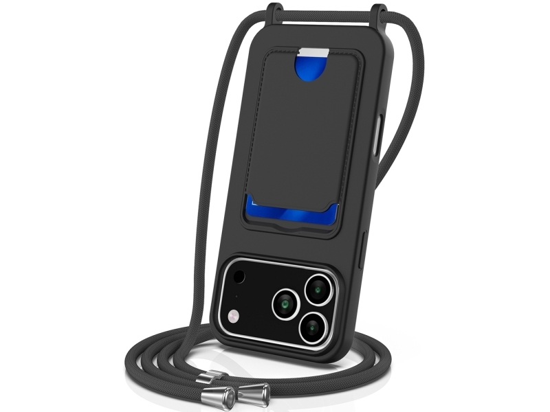For Iphone 18 Pro Max / 17 Pro Max Case Liquid Silicone Card Holder Back Phone Cover With Lanyard - Black