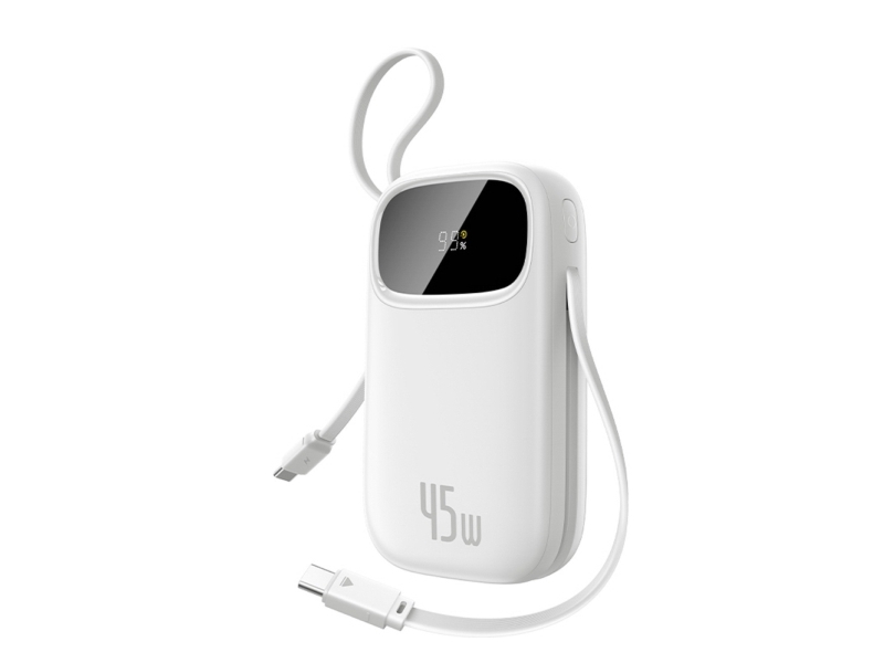 Baseus Enerfill Fc31 Qpow3 Powerbank, 10.000 Mah, 45 W, Med Digitalt Display Og 2 Indbyggede Usb-C-Kabler – Hvid