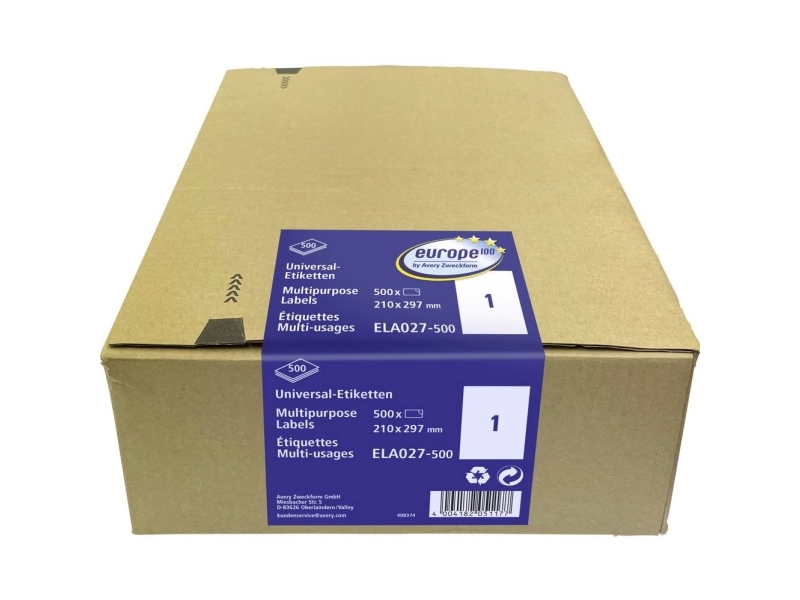 Avery-Zweckform Ela027-500 Universaletiketter 210 X 297 Mm Hvid 500 Stk Til Laserskrivere/Farvelaser/Tintenstråle (Ela027-500)