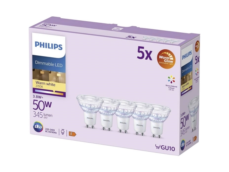 Philips GU10 LED-lampa 50W 36D WarmGlow dimbar, 5-pack