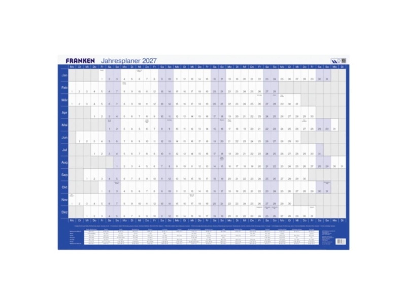 Franken Horizontal Jahresplaner, Tageseinteilung 91,0 X 61,0 Cm (Pkh100227)