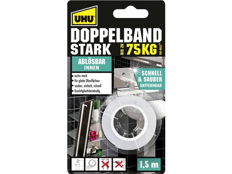 Uhu Montage-Klebeband Stark, Doppelseitig, Bis 75 Kg, Weiß Extra Stark, Alternative Zu Schrauben & Nägeln, Hält Dauer - 1 Stück (46890)