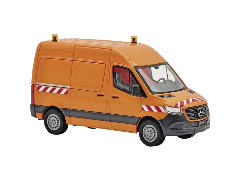 Busch 54008 H0 Bus model Mercedes Benz Sprinter med kort akselafstand fladt tag, orange med hvid/røde advarselsstriber
