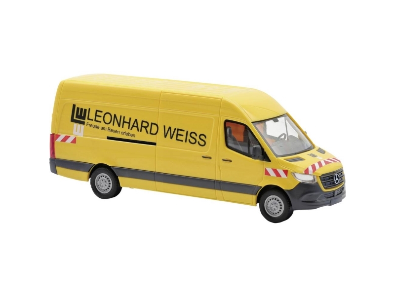Busch 52641 H0 Bus model, Udrykningskøretøj model Mercedes Benz Sprinter kassevogn, Leonhard hvid, gul med sort/hvid print