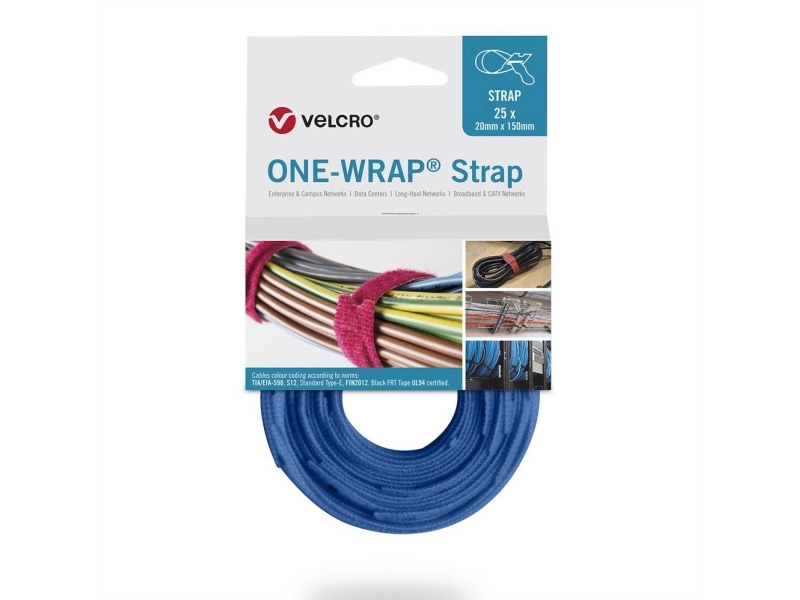 Velcro One-Wrap, Wiederverwendbarer Kabelbinder, Polypropylen (Pp), Klettverschluss, Blau, 330 Mm, 20 Mm, 25 Stück
