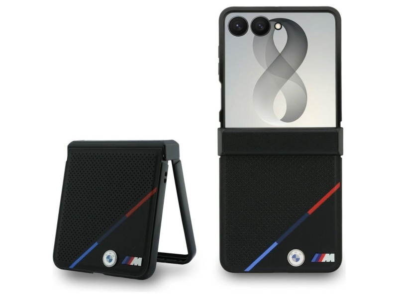 Bmw Bmw M Leather Perforated Tricolor Stripe Metal Logos Magsafe Case For Samsung Galaxy Z Flip 8 - Black