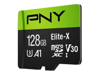 PNY Elite-X – Flash-minneskort (microSDXC till SD-adapter inkluderad) – 128 GB – A1 / Video Class V30 / UHS-I U3 / Class10 – mikroSDXC UHS-I