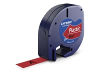 Letratag plasttape, sort på rød, 12mm x 4m rull, selvklebende