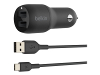 Bilde av Belkin Boostcharge Dual Charger - Bilstrømadapter - 24 Watt - 4.8 A - 2 Utgangskontakter (usb) - På Kabel: Usb-c - Svart