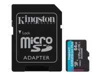 Kingston Canvas Go! Plus – Flash-minneskort (microSDXC till SD-adapter inkluderad) – 64 GB – A2 / Video Class V30 / UHS-I U3 / Class10 – mikroSDXC UHS-I