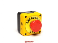 Svart-gul kontrollboks, sikkerhetsstopp, forriglet 40 mm (1NC) med beskrivelsesskilt Nødstopp, T0-P1EC400E40K