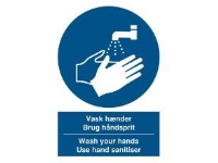 Påbudskilt Vask hænder - Brug håndsprit dansk/engelsk selvklæbende vinyl A4 - P235PA4 Klær og beskyttelse - Sikkerhetsutsyr - Skilter & Sikekrhetsmerking