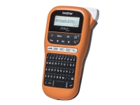 Brother P-Touch PT-E110VP – Etikettskrivare – svartvit – termisk överföring – Rulle (1,2 cm) – 180 dpi – upp till 20 mm/sek – cutter – tvåradig utskrift – svart orange