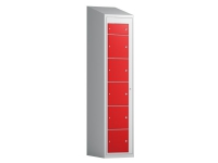 Klädskåp 1×6 fack med lutande tak och röda dörrar med cylinderlås