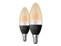 Philips Hue White – LED-glödlampa med filament – form: ljus – klar finish – E14 – 4.5 W (motsvarande 28 W) – klass G – mjukt varmt vitt ljus – 2100 K (paket om 2)