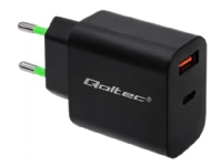 Qoltec Mains charger - Strømadapter - 18 watt - 3 A - PD, QC 3.0 (USB, 24 pin USB-C) - svart Tele & GPS - Batteri & Ladere - Ladere