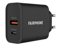 Fairphone - Strømadapter - 30 watt - 2 utgangskontakter (USB, 24 pin USB-C) - svart - Europa Tele & GPS - Batteri & Ladere - Ladere