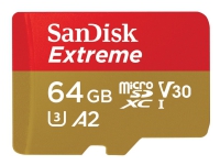 SanDisk Extreme - Flashminnekort (microSDXC til SD-adapter inkludert) - 64 GB - A2 / Video Class V30 / UHS-I U3 / Class10 - microSDXC UHS-I Tele & GPS - Mobilt tilbehør - Minnekort