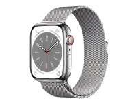 Apple Watch Series 8 (GPS + Cellular) – 45 mm – sølv rustfritt stål – smartklokke med fint strikket løkke – håndleddstørrelse: 150-200 mm – 32 GB – Wi-Fi, LTE, Bluetooth, UWB – 4G – 51.5 g