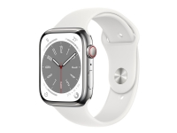 Apple Watch Series 8 (GPS + Cellular) - 45 mm - sølv rustfritt stål - smartklokke med sportsbånd - fluorelastomer - hvit - båndbredde: Regular - 32 GB - Wi-Fi, LTE, Bluetooth, UWB - 4G - 51.5 g Sport & Trening - Pulsklokker og Smartklokker - Smartklokker