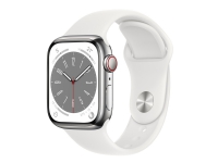 Apple Watch Series 8 (GPS + Cellular) – 41 mm – rostfritt stål i silver – smart klocka med sportband – fluoroelastomer – vit – bandstorlek: standard – 32 GB – Wi-Fi LTE Bluetooth UWB – 4G – 42.3 g