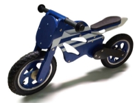 Motorcykel i trä med riktiga lufthjul blå
