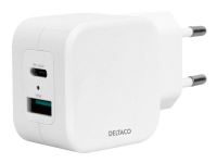 DELTACO USBC-AC149 – Strömadapter – 20 Watt – 3 A – PD – 2 utdatakontakter (USB 24 pin USB-C) – vit