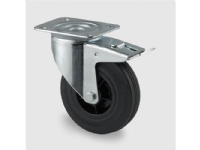 Drejeligt hjul m/ bremse, sort massiv gummi, Ø80 mm, 70 kg, rulleleje, med plade Byggehøjde: 108 mm Vogner med hjul