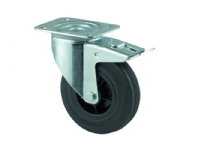 Drejeligt hjul m/ bremse, sort massiv gummi, Ø200 mm, 200 kg, rulleleje, med plade Byggehøjde: 240 Vogner med hjul