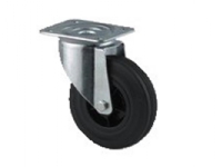 Drejeligt hjul, sort masiv gummi, Ø100 mm, 75 kg, rulleleje, med plade Byggehøjde: 128 mm. Driftstem Vogner med hjul