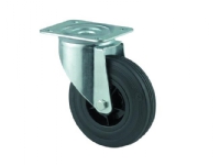 Drejeligt hjul, sort massiv gummi, Ø200 mm, 200 kg, rulleleje, med plade Byggehøjde: 240 mm. Drifts Vogner med hjul